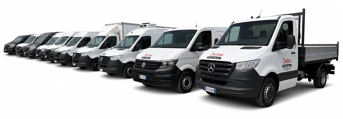 La flotta Iesse Noleggi: furgoni, minibus e mezzi da lavoro in fila